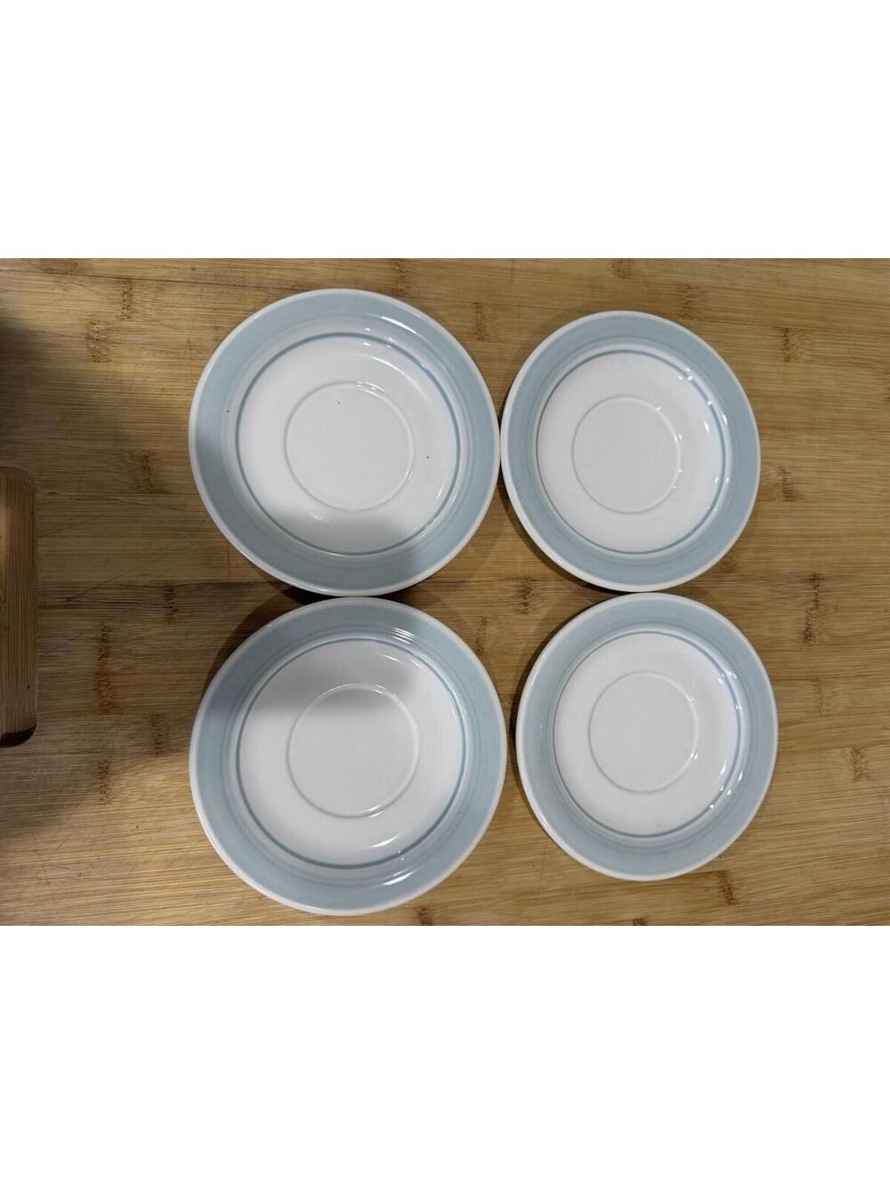 VTG Genuine Stoneware Saucers Plates 6.25" Japan Ivory w/ Blue Stripe Set of 4 *